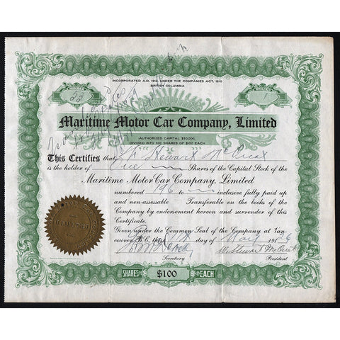 Maritime Motor Car Company, Limited 1926 Vancouver British Columbia Canada Stock Certificate