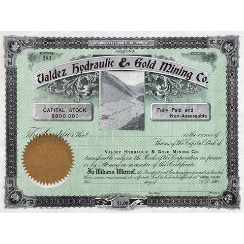 Valdez Hydraulic & Gold Mining Co. Alaska Arizona Stock Certificate