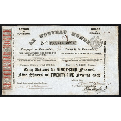 Le Nouveau Monde 1851 California Gold Rush Stock Certificate