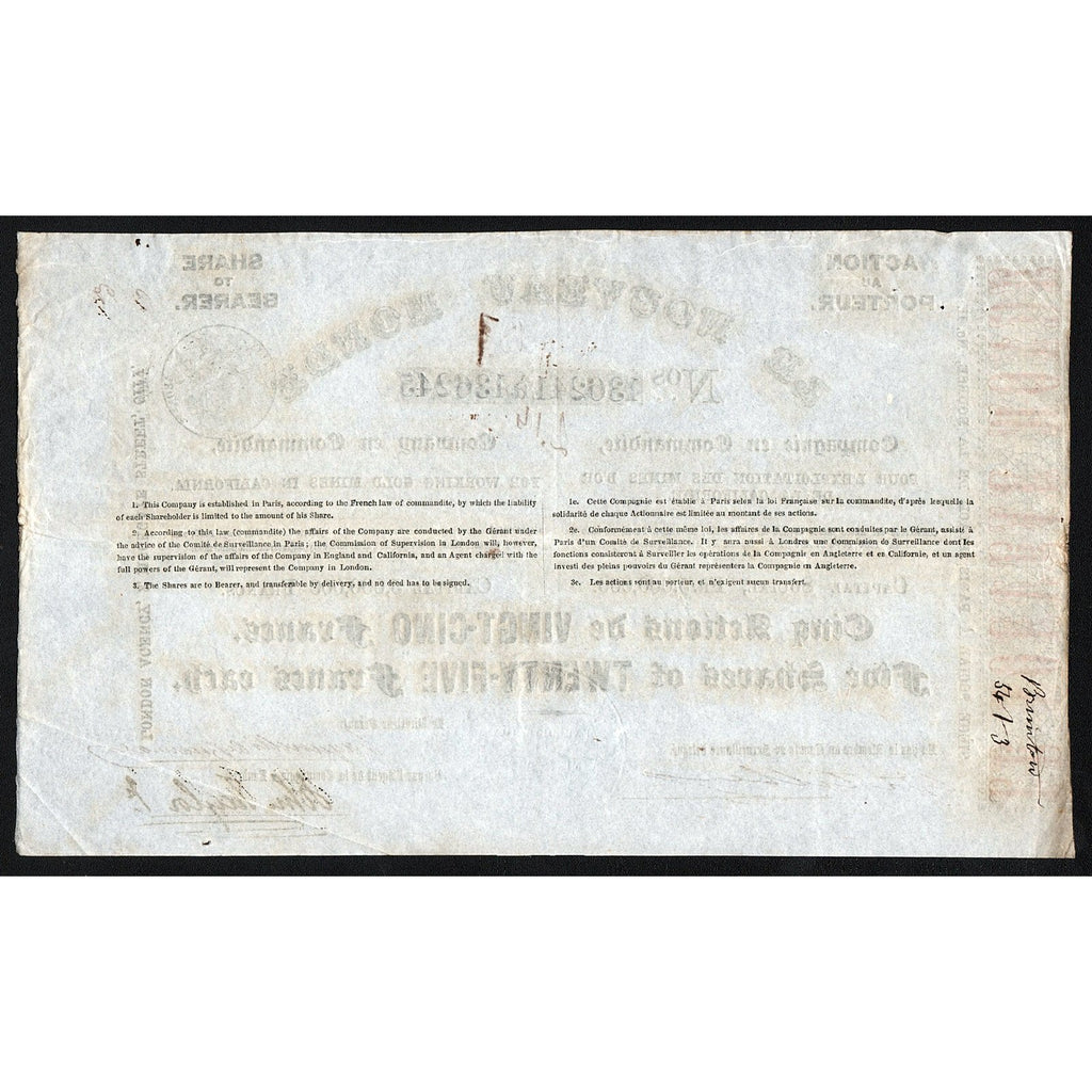 Le Nouveau Monde 1851 California Gold Rush Stock Certificate