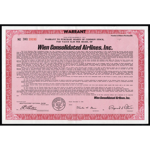 Wien Consolidated Airlines, Inc Alaska Stock Certificate