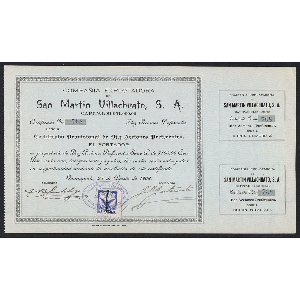 Compania Explotadora de San Martin Villachuato, S.A. 1908 Mexico Stock Certificate