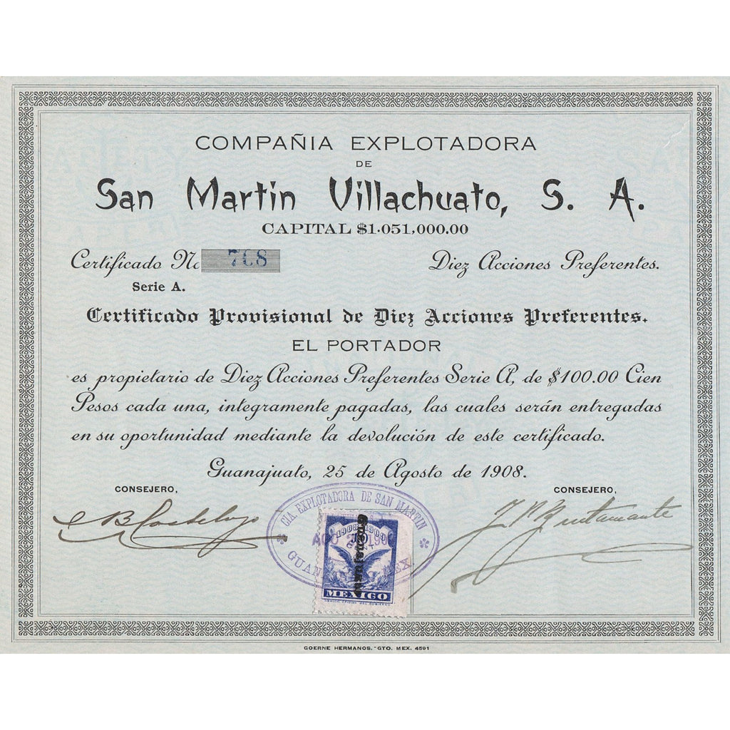 Compania Explotadora de San Martin Villachuato, S.A. 1908 Mexico Stock Certificate