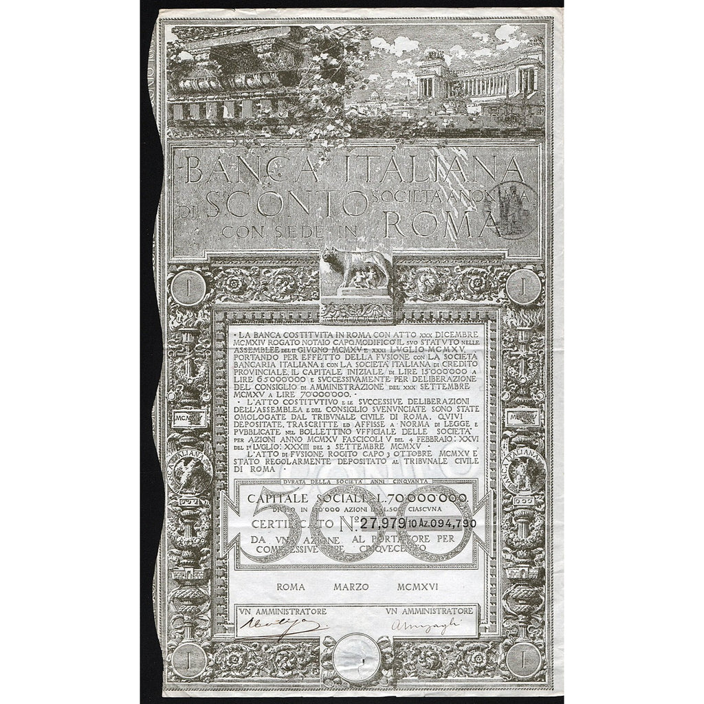 Banca Italiana di Sconto con Sede in Roma 1916 Italy Stock Certificate