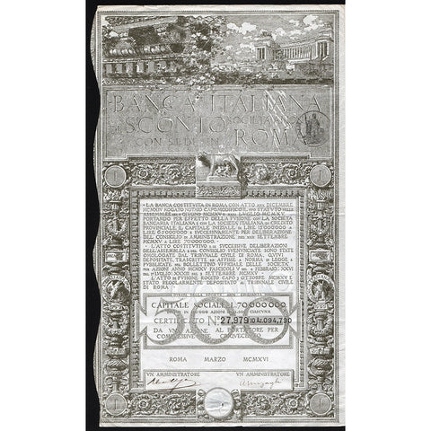 Banca Italiana di Sconto con Sede in Roma 1916 Italy Stock Certificate