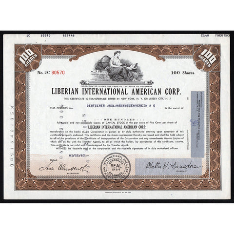 Liberian International American Corp. Stock Certificate