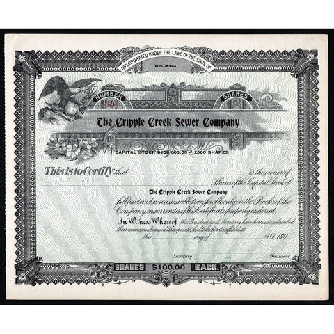 Cripple Creek Sewer Company Wyoming Stock Certificate