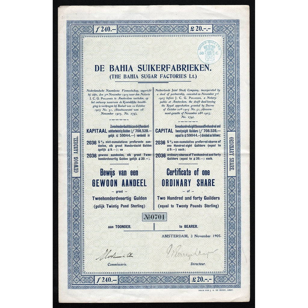 De Bahia Suikerfabrieken (The Bahia Sugar Factories Ltd.) 1905 Amsterdam Brazil Stock Certificate