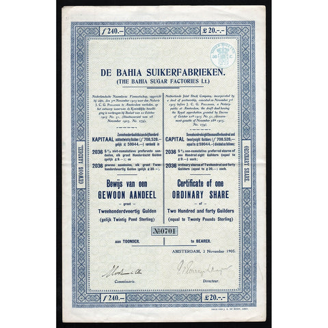 De Bahia Suikerfabrieken (The Bahia Sugar Factories Ltd.) 1905 Amsterdam Brazil Stock Certificate