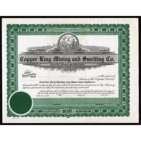 Copper King Mining and Smelting Company Wallace Idaho Stock Certificate
