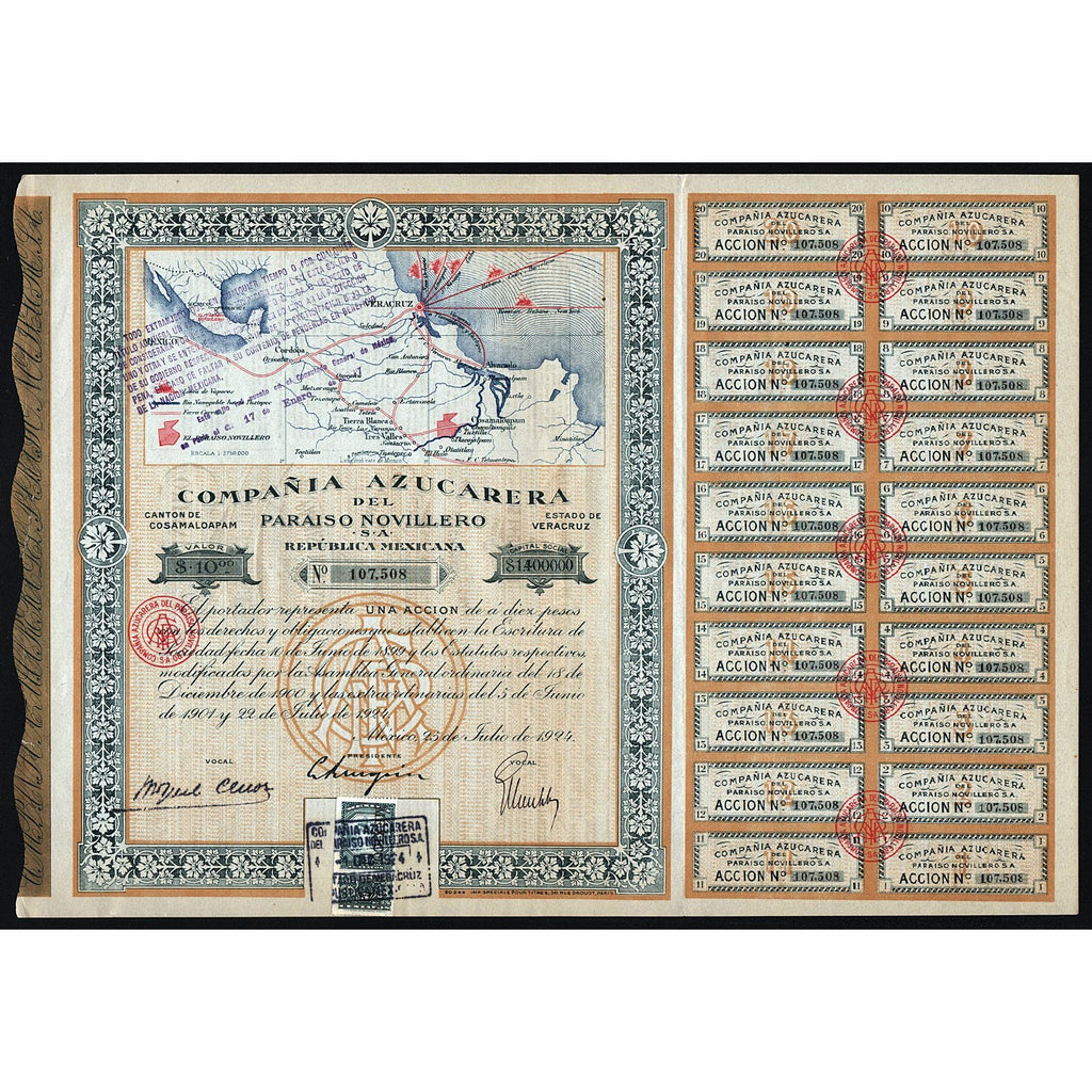 Compania Azucarera de Paraiso Novillero S.A. 1924 Mexico Stock Certificate
