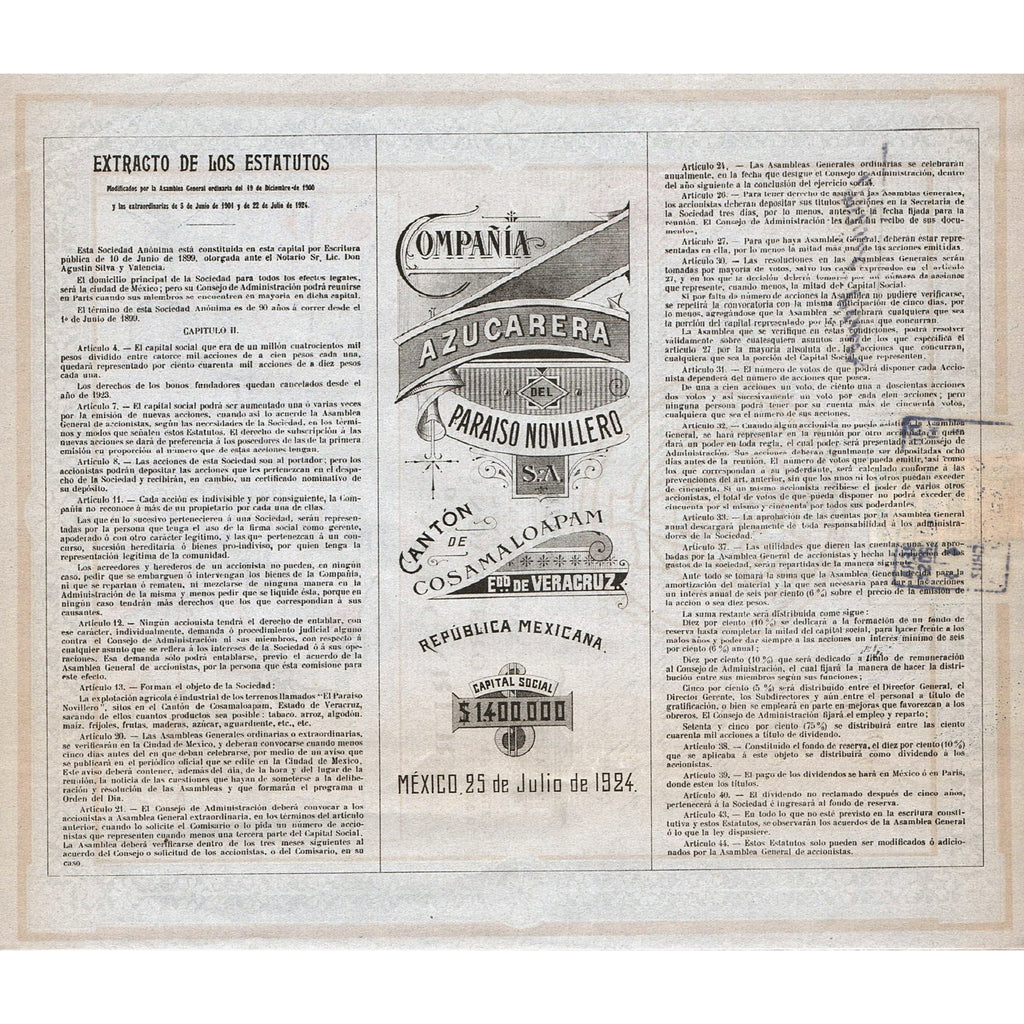 Compania Azucarera del Paraiso Novillero S.A.