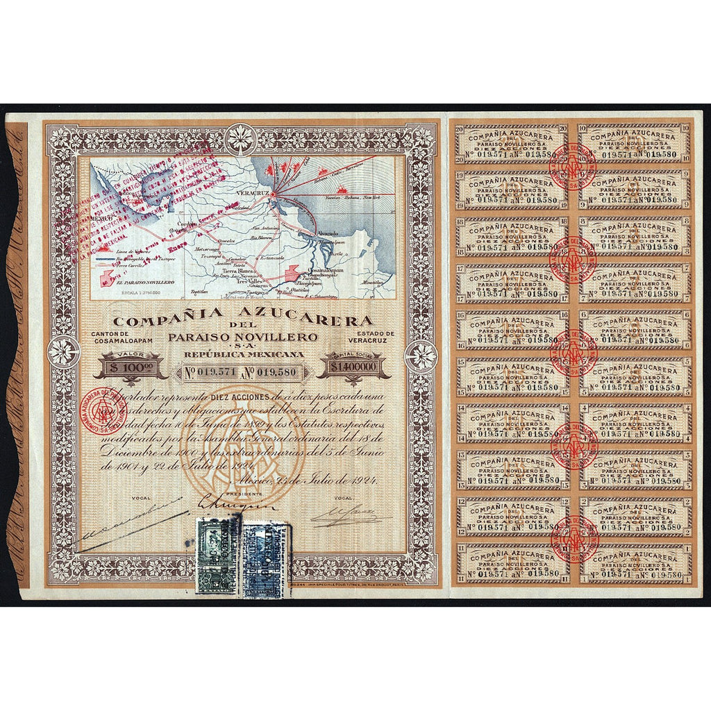 Compania Azucarera de Paraiso Novillero S.A. 1924 Mexico Stock Certificate