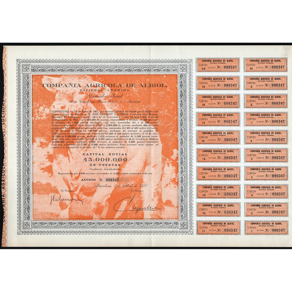 Compania Agricola de Albiol, S.A. Barcelona Spain Stock Certificate