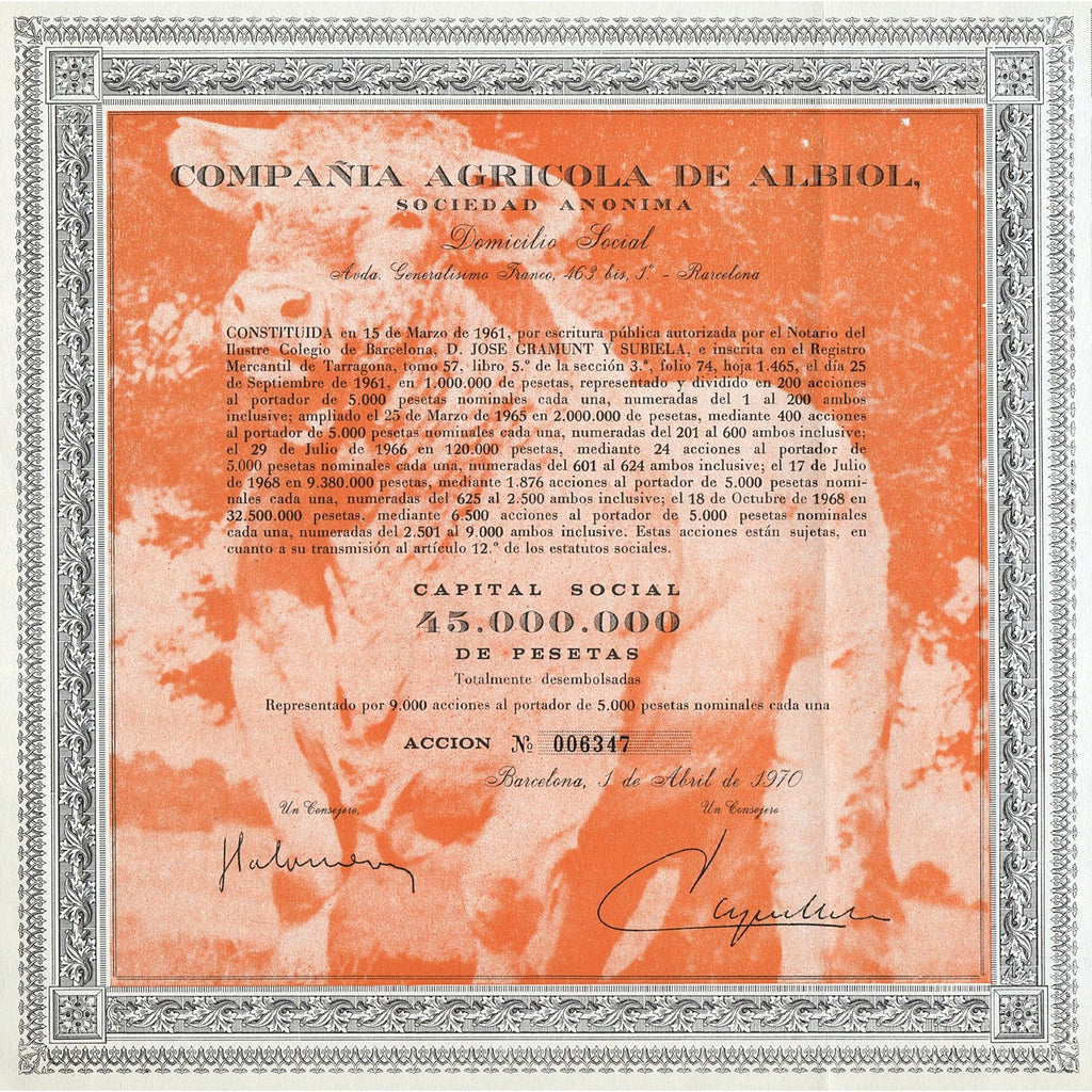 Compania Agricola de Albiol, S.A. Barcelona Spain Stock Certificate