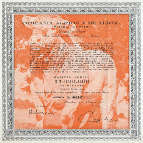 Compania Agricola de Albiol, S.A. Barcelona Spain Stock Certificate