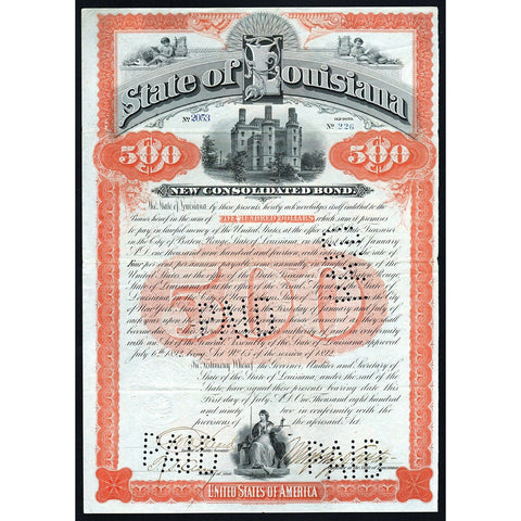 State of Louisiana 1892 Stock Bond Certificate