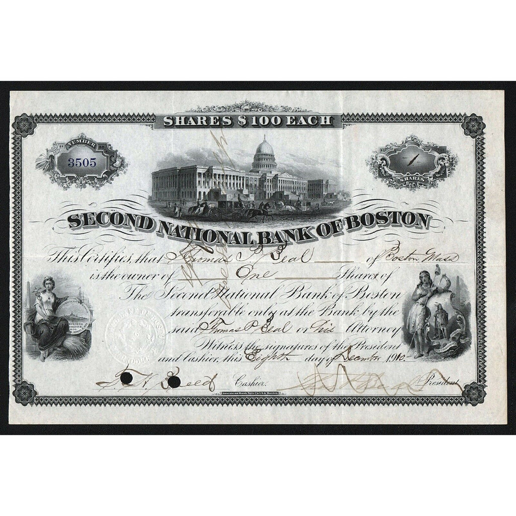 Second National Bank of Boston 1910 Massachusetts Stock Certificate