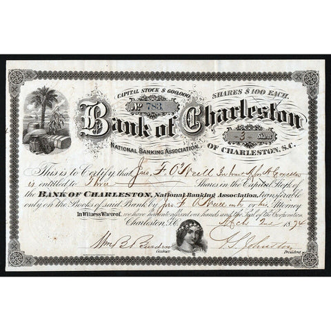 Bank of Charleston 1874 South Carolina Stock Certificate