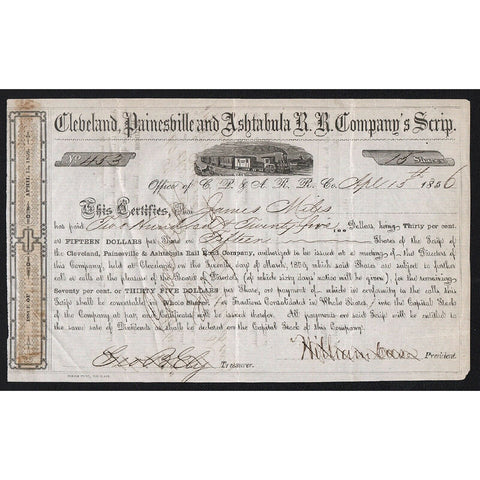 Cleveland, Painesville and Ashtabula R. R. Company’s Scrip 1856 Stock Certificate