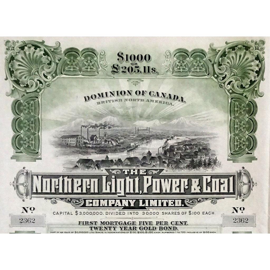 The Northern Light, Power & Coal Company 1909 Canada Bond Certificate