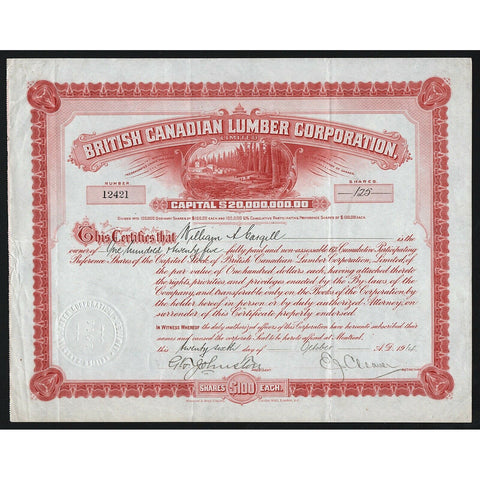 British Canadian Lumber Corporation, Limited 1914 Montreal Canada Stock Certificate
