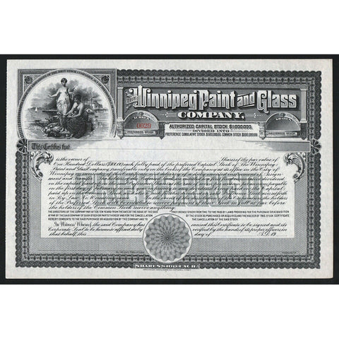 The Winnipeg Paint and Glass Company Manitoba Canada Stock Certificate