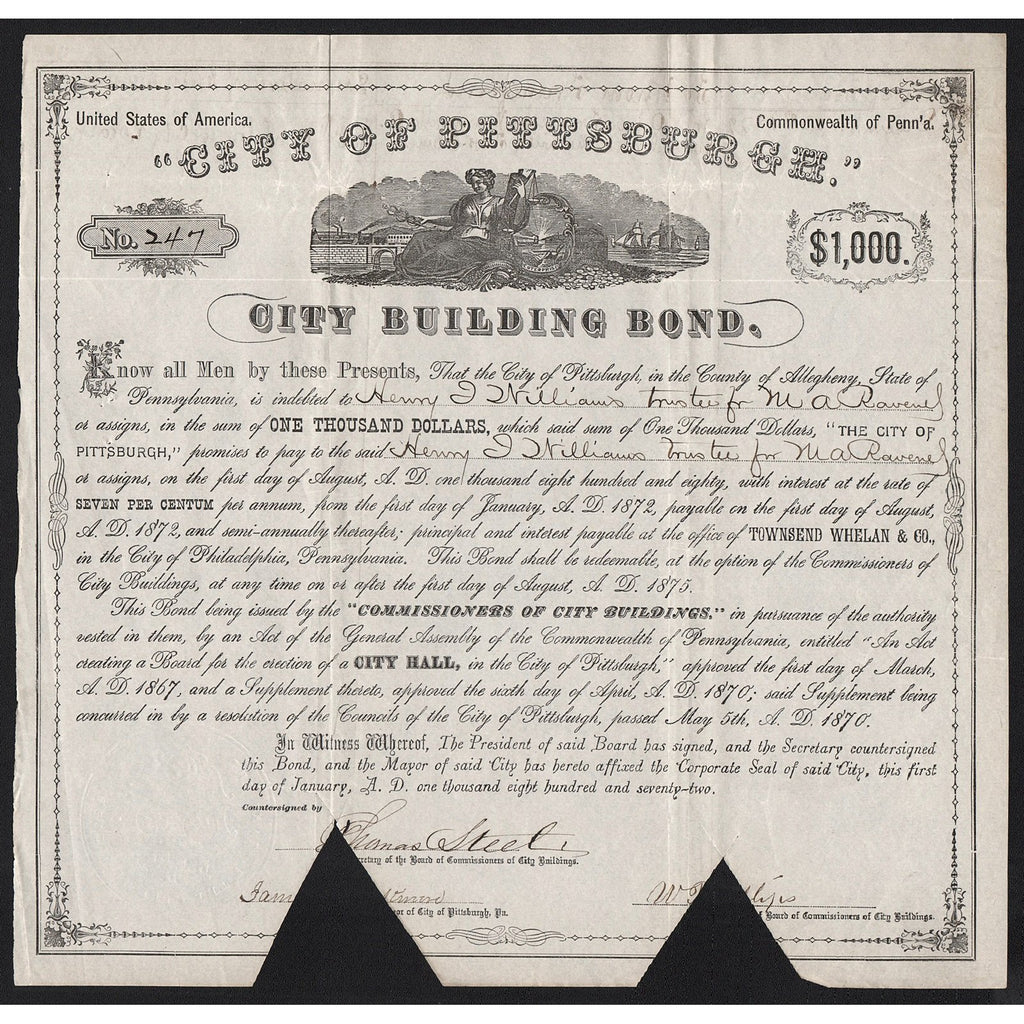 City of Pittsburgh, City Building Bond 1870 Pennsylvania Bond Certificate