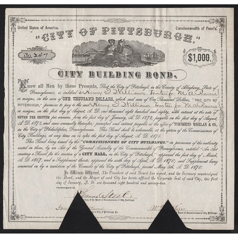 City of Pittsburgh, City Building Bond 1870 Pennsylvania Bond Certificate