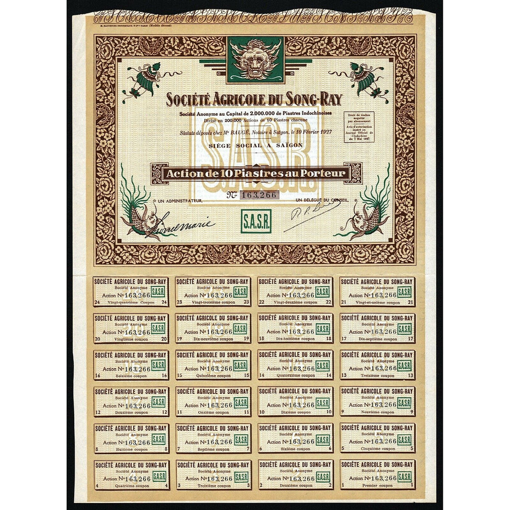 Societe Agricole du Song-Ray 1927 Indochina Stock Certificate