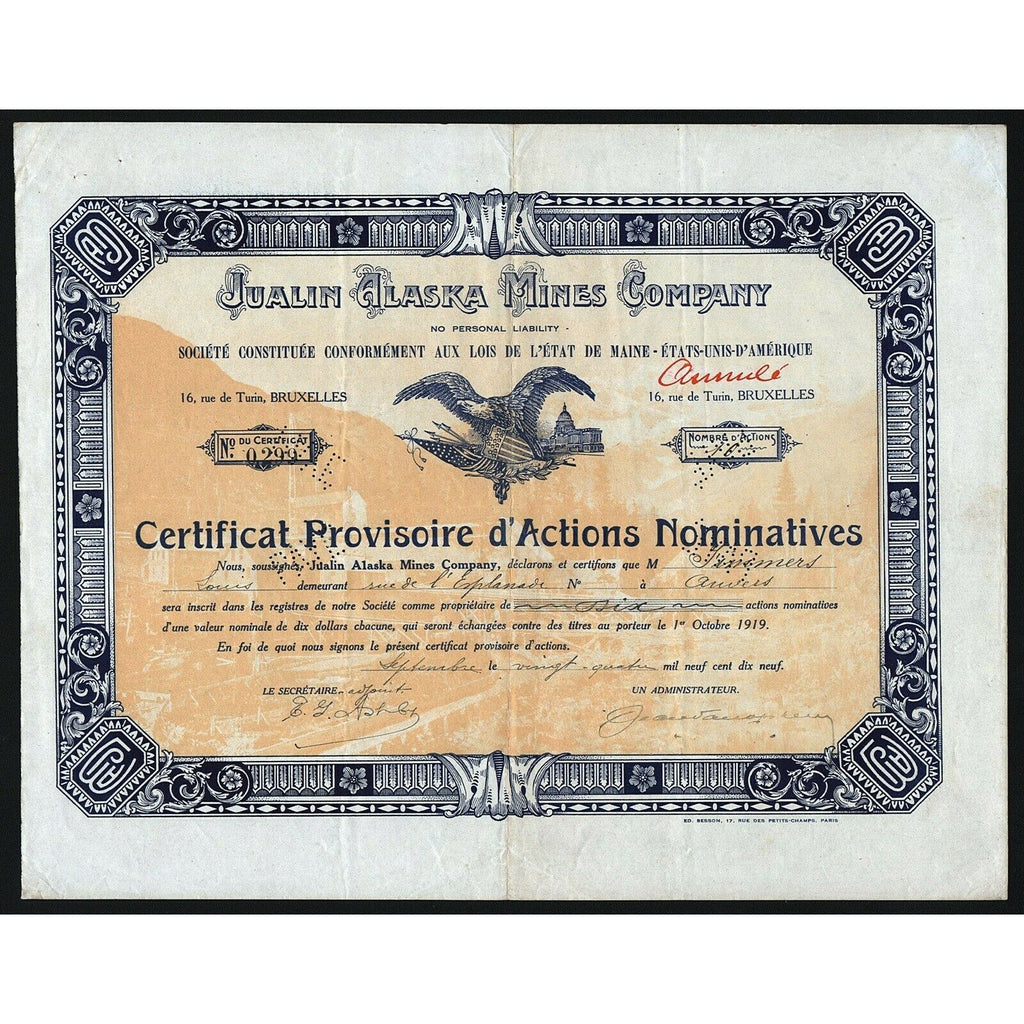 Jualin Alaska Mines Company 1919 Maine Stock Certificate