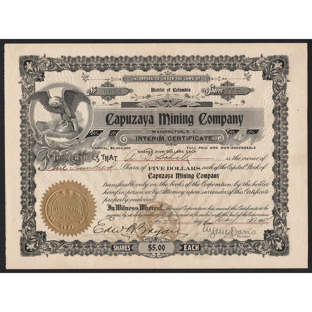 Capuzaya Mining Company 1907 District of Columia Stock Certificate