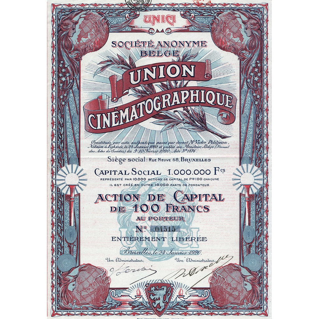 Societe Anonyme Belge Union Cinematographique 1920 Belgium Stock Certificate