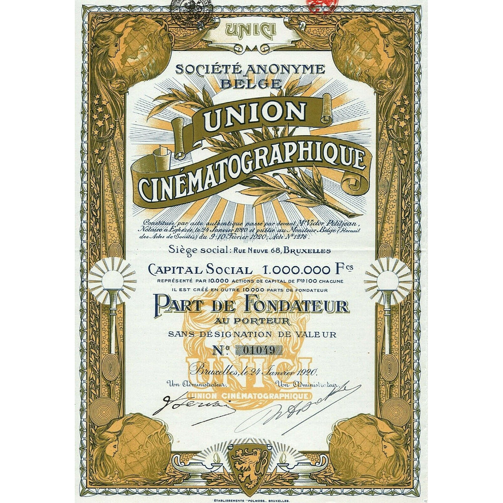 Societe Anonyme Belge Union Cinematographique 1920 Belgium Stock Bond Certificate