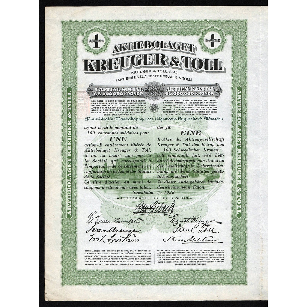 Aktiebolaget Kreuger & Toll 1928 Sweden Stock Certificate