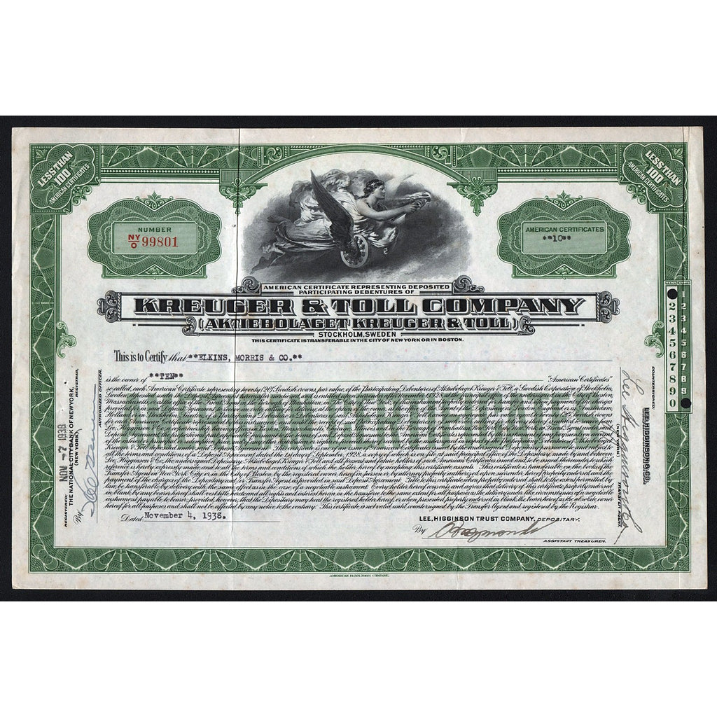 Kreuger & Toll Company Aktiebolaget 1938 Sweden Stock Certificate