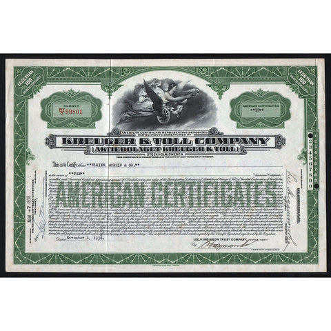 Kreuger & Toll Company Aktiebolaget 1938 Sweden Stock Certificate