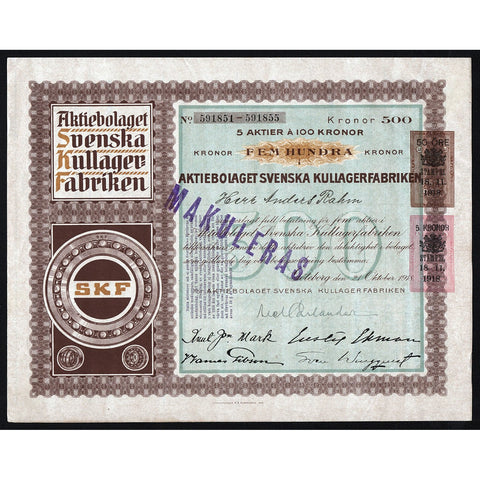 Aktiebolaget Svenska Kullagerfabriken (SKF) 1917 Sweden Stock Certificate