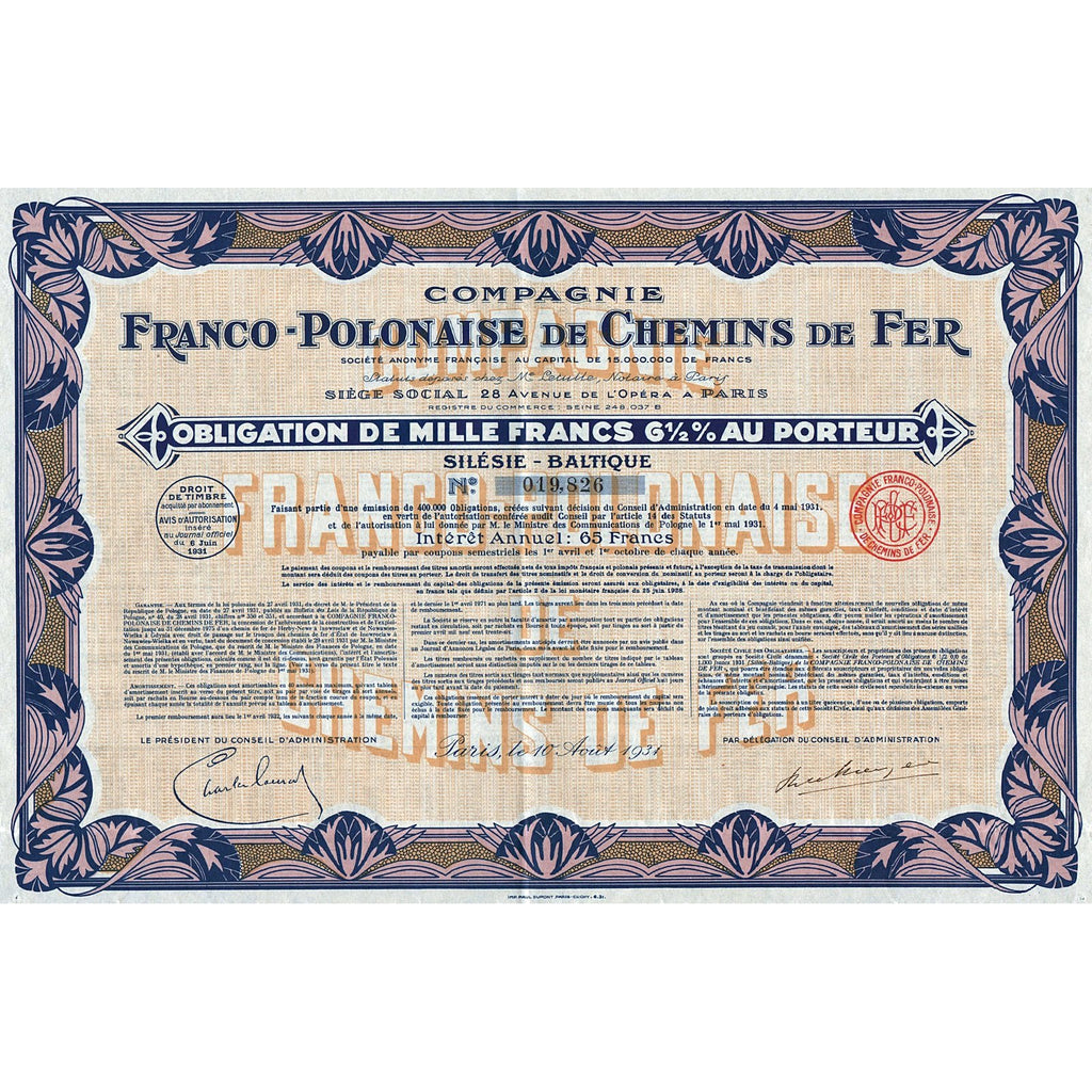 Compagnie Franco-Polonaise de Chemins de Fer 1931 France Poland Stock Certificate