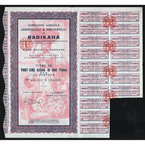 Compagnie Agricole Commeriale & Industrielle de Badikaha 1927 Ivory Coast Africa Stock Certificate