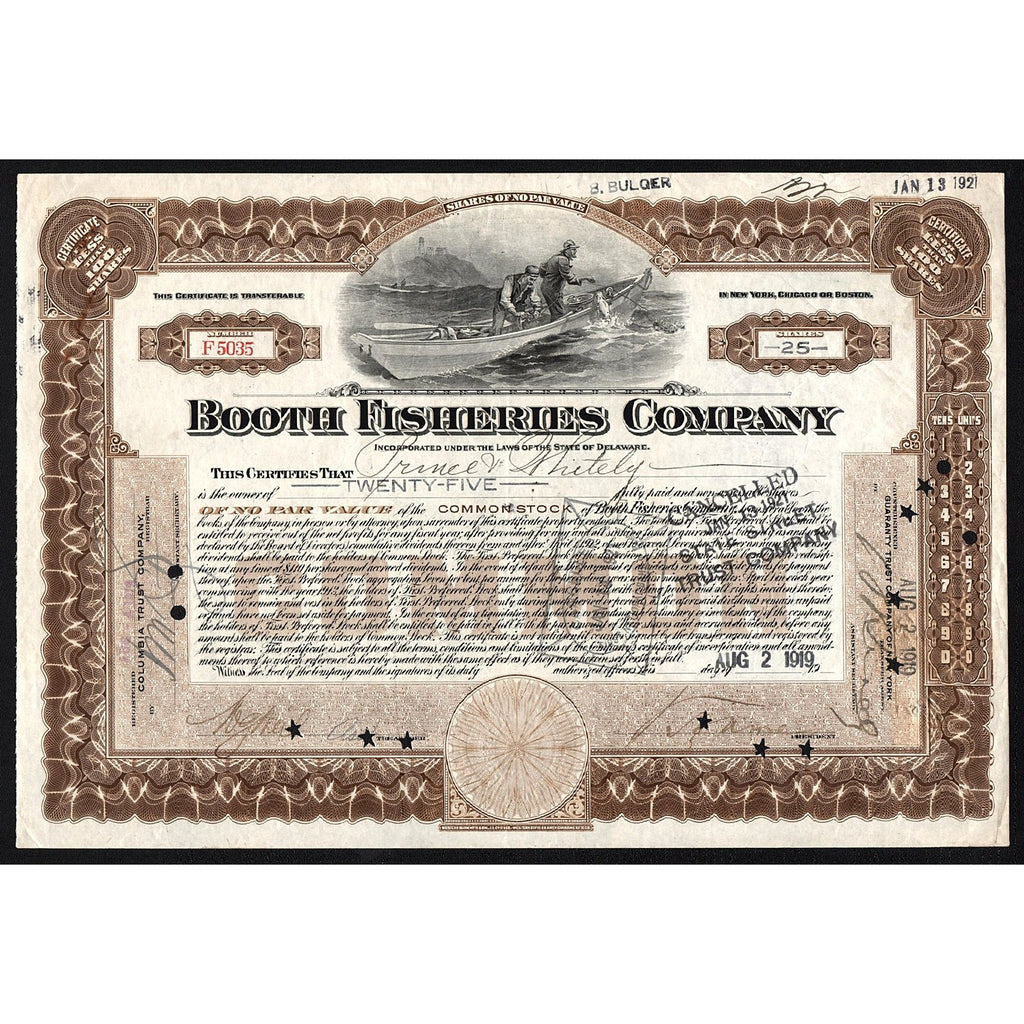 Booth Fisheries Company 1919 Fishing Stock Certificate