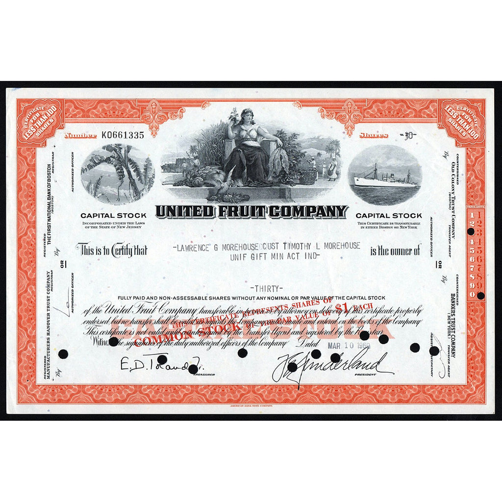 United Fruit Company (Chiquita Bananas) 1969 Stock Certificate