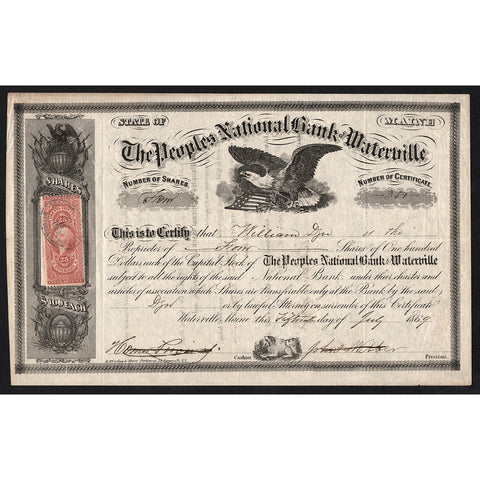 The Peoples National Bank of Waterville 1869 Maine Stock Certificate