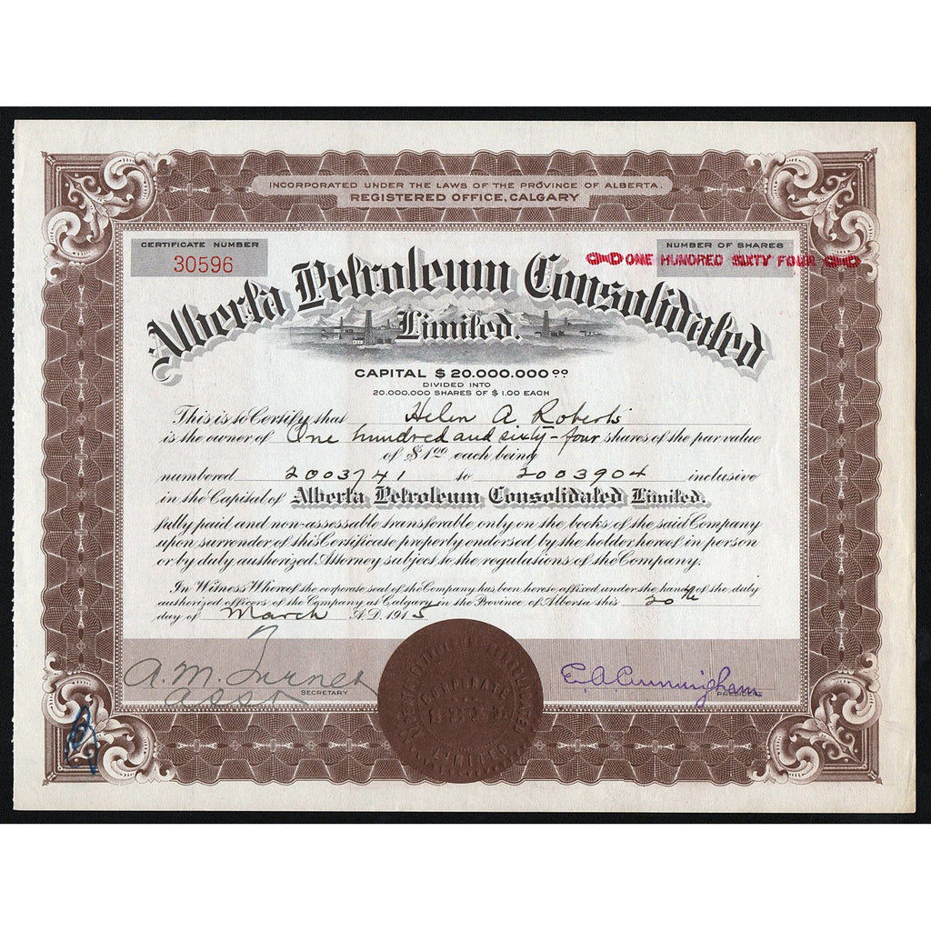 Alberta Petroleum Consolidated Limited Canada Stock Certificate