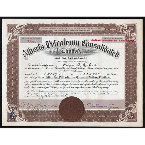 Alberta Petroleum Consolidated Limited Canada Stock Certificate