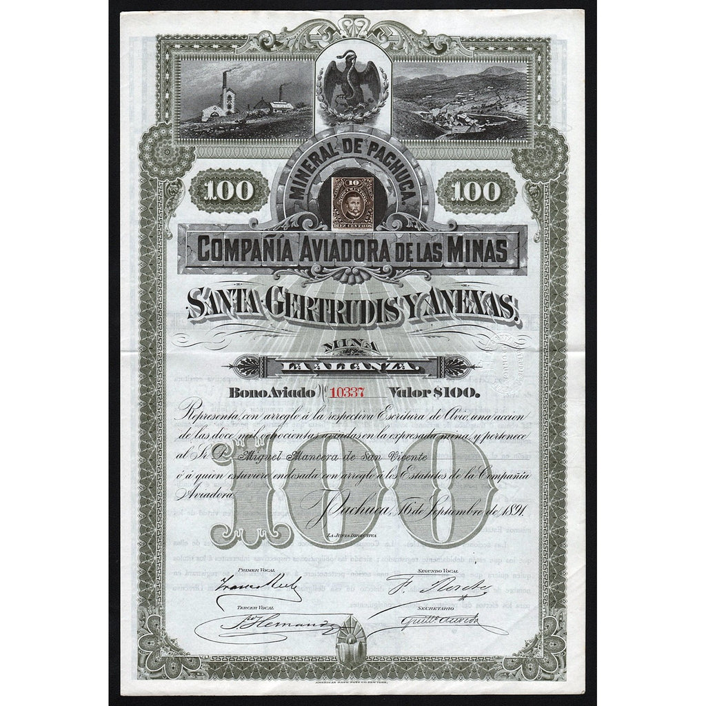 Mineral de Pachuca, Compania Aviadora de las Minas, Santa Gertrudis Mexico 1891 Stock Certificate