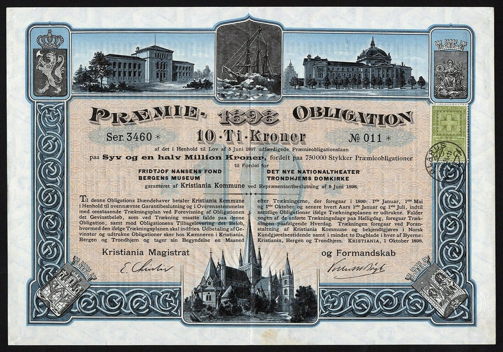 Obligation, Fridtjof Nansens Fond Bergens Museum Det Nye Nationaltheater Trondhjems Domkirke 1898 Oslo Norway Stock Certificate