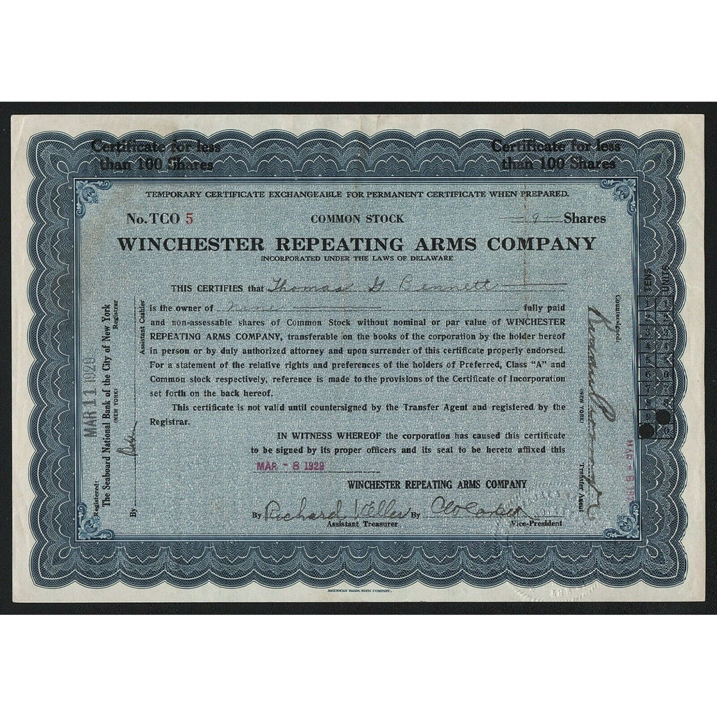 Winchester Repeating Arms Company 1929 Stock Certificate