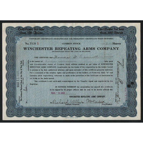 Winchester Repeating Arms Company 1929 Stock Certificate