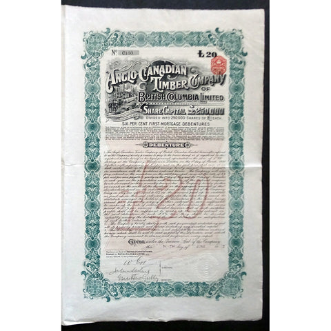 Anglo-Canadian Timber Company of British Columbia Limited 1911 Canada Bond Certificate